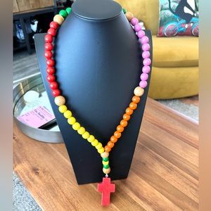 Artisan Colorful Wood Beaded Cross Necklace
